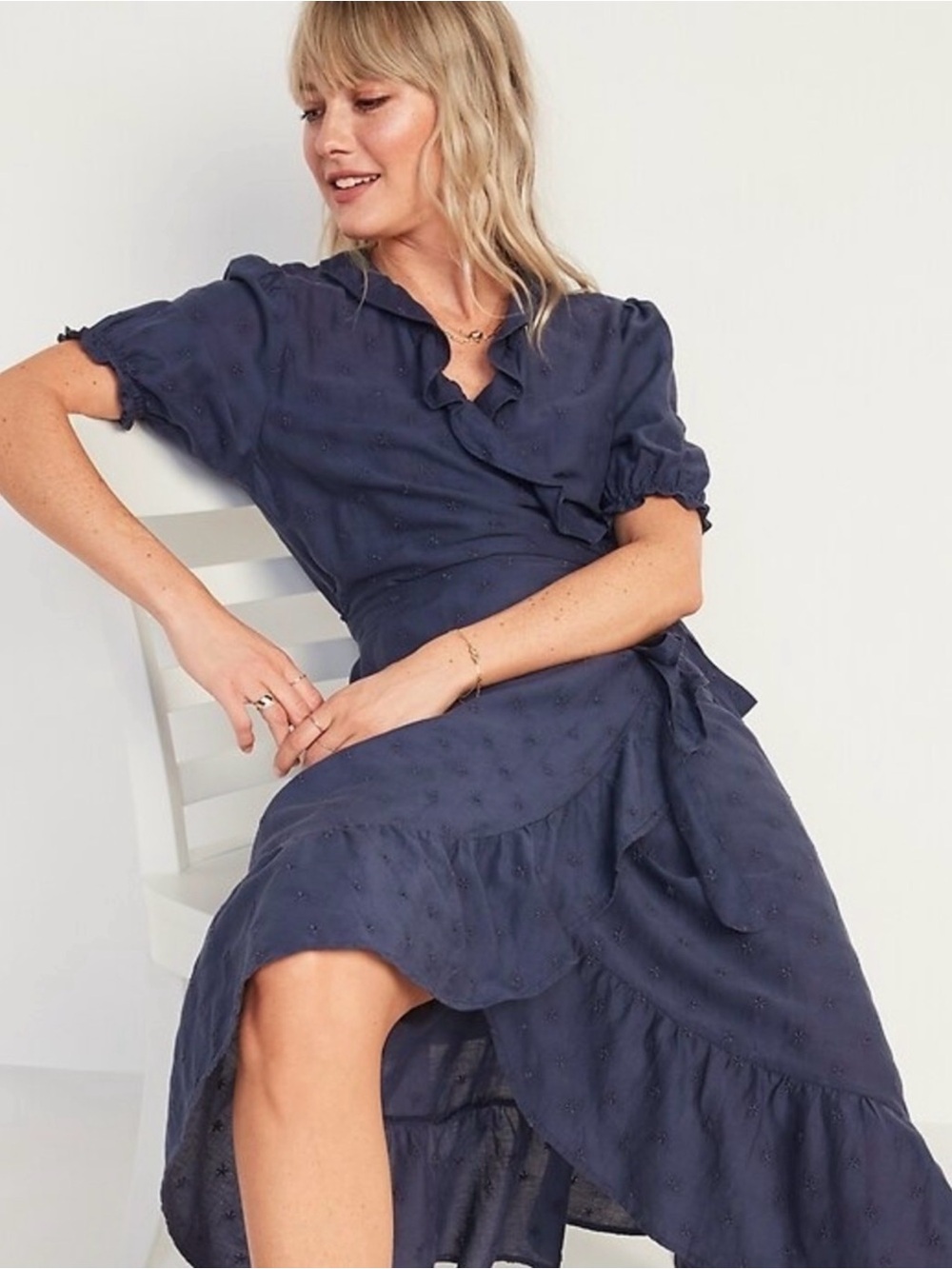Old Navy Womens Navy Blue Star Embroidered Ruffle Wrap Midi Dress XL - Picture 4 of 10